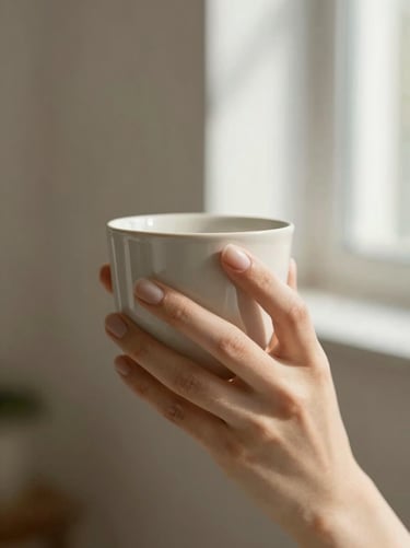 Close-up of clean minimalist manicure holding a ceramic cup, soft daylight