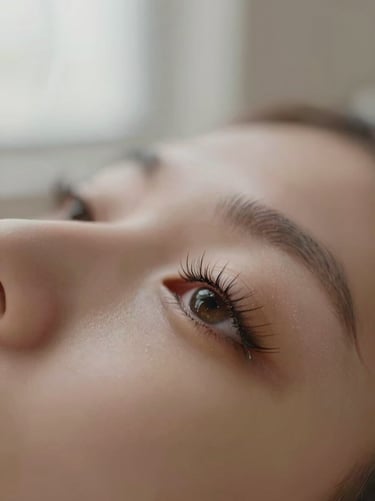 Macro close-up of lash extensions with soft focus on the eyes, warm neutral tones