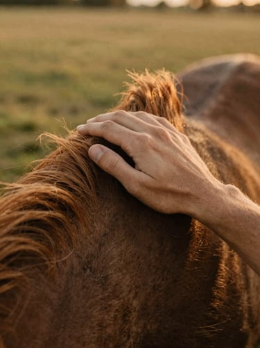 Close-up detail of a human hand resting gently on a horse's neck, warm golden-hour pasture light in Dixon, shallow depth of field, 35mm film feel.
