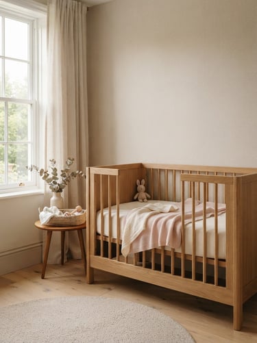 Minimalist nursery room with neutral-toned wallpaper mockup, a simple wooden crib, soft diffused natural daylight, elegant powder pink tones, 35mm