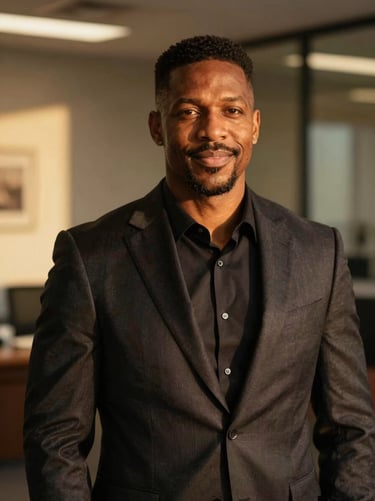 Professional portrait of Marcus Vance, senior commercial insurance advisor, refined dark suit, soft side-lighting, office background, 35mm