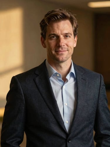 Professional portrait of Julian Croft, risk management specialist, sophisticated setting, shallow depth of field, 35mm