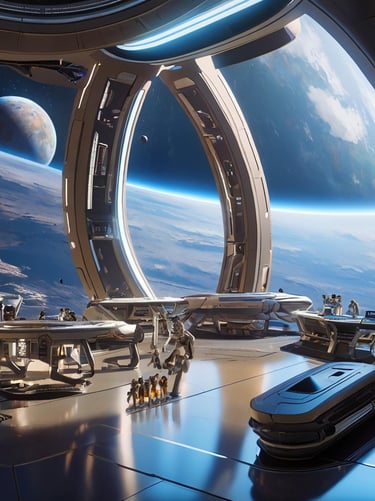Une structure innovante flottant dans une station orbitale design.