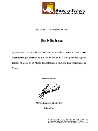 Certificado Palestra USP Biólogo Randy Baldresca