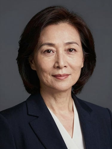 Clean studio headshot of a senior female lawyer, shoulders and head, dark neutral background, diffuse studio lighting, composed expression, suit, sharp institutional presence