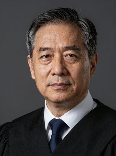 Clean studio headshot of a senior male lawyer, shoulders and head, dark neutral background, diffuse studio lighting, neutral composed expression, formal attire, institutional gravity
