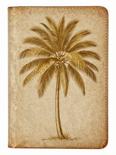 Antique leather-bound book cover with gold foil botanical illustration of a coconut palm, aged paper texture