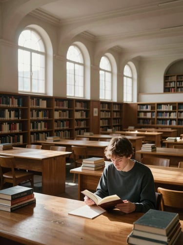 Interior of a Czech public university library, high ceilings with arched windows, natural daylight falling across rows of wooden desks, a student reading alone in the foreground, books stacked nearby, no posed smiling