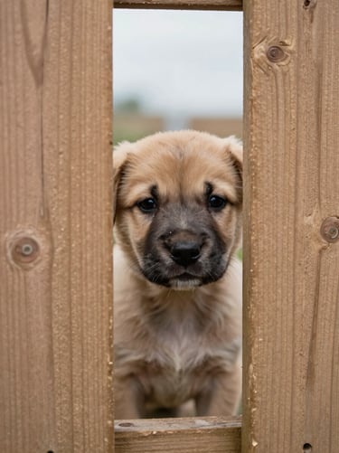 A small playful puppy peeking through a wooden fence, wet nose in focus, shallow depth of field, 35mm lens.