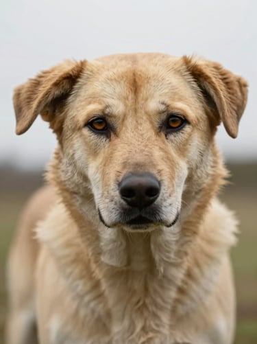 Intimate close-up portrait of a large mixed-breed dog with expressive amber eyes, eye-level shot, overcast natural light, 35mm lens.