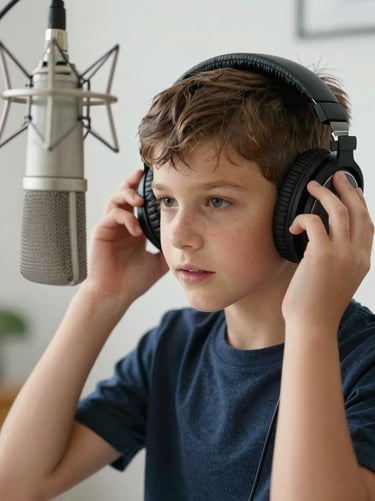 Medium close-up of a young boy with headphones adjusting a studio microphone, bright natural light, focused expression.