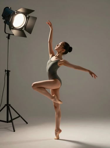 Action shot of a young girl in a classical dance pose, professional studio key light, elegant composition.