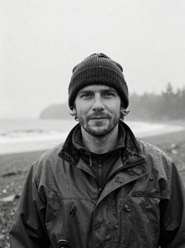Black and white portrait of a rugged male restoration expert wearing a beanie and wet-weather gear, misty shoreline background