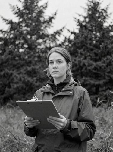 Black and white portrait of a female community organizer holding a clipboard, rain jacket, coastal pine trees in background