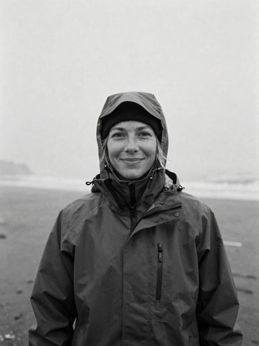 Black and white portrait of a female marine biologist in a rain jacket, smiling subtly on a misty beach, overcast PNW light