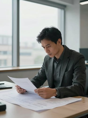 Close environmental shot, a man in his early fifties reviewing documents at a clean desk near a large window, natural daylight, architectural firm atmosphere, focused posture, blueprint details visible on the surface