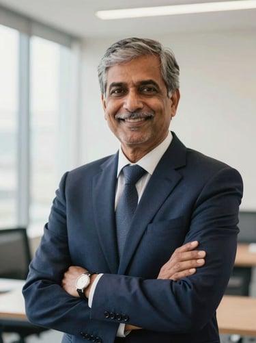 Professional environmental portrait of a senior male Chartered Accountant in a modern Indian office, soft natural light, confident smile, clean navy background.
