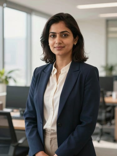 Professional environmental portrait of a female Company Secretary in a bright New Delhi office space, natural daylight, professional corporate attire.