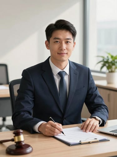 Professional environmental portrait of a male legal counsel sitting at a clean desk with legal documents, warm natural light, professional corporate navy tones.