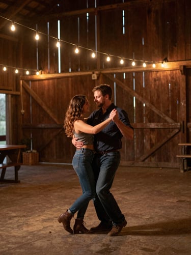A cinematic medium shot of a couple dancing in an open North American barn. The lighting is warm from strings of bulbs, casting deep brown and charcoal shadows, capturing a genuine, unposed moment of connection.