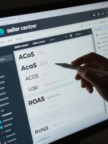Tight overhead close-up of a Seller Central dashboard on a dark monitor, ACoS and ROAS metrics visible in crisp white numerals, a hand pointing at a data row with a stylus, cool studio strobe lighting, clinical and shadowless