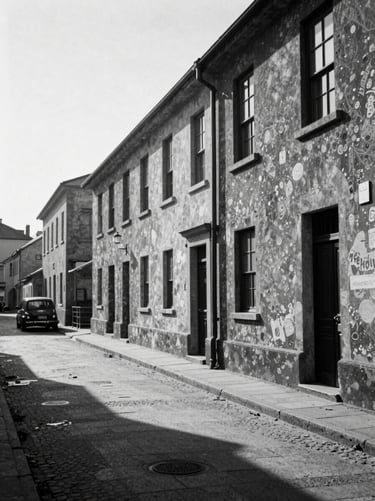 A black and white style photograph with deep Dark Slate tones and bright Pale Frost highlights, showing a quiet street scene that evokes a sense of history and urban research.