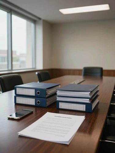 Wide shot of a quiet law office interior, empty conference table with stacked legal binders and a single open contract in the foreground, cool natural daylight entering from tall windows on the left, neutral tones, no people