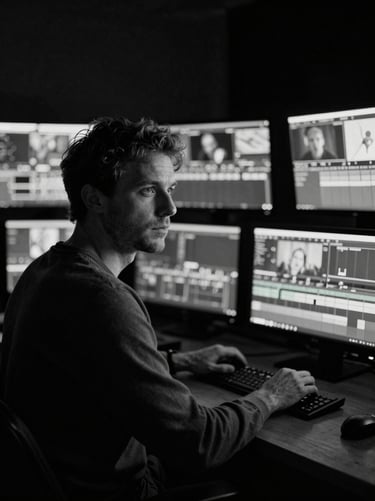 Moody black and white portrait of a video editor working in a dark studio with glowing monitor screens, focused expression