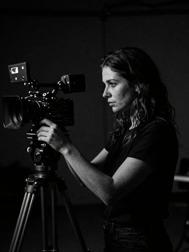 Moody black and white portrait of a female cinematographer adjusting a lighting setup on a dark set, cinematic shadows, high contrast