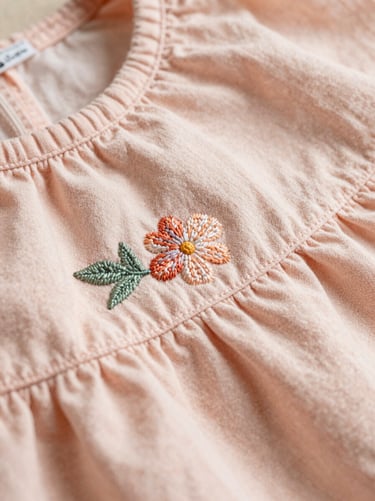 Extreme close-up of delicate hand-finished embroidery on a blush peach cotton frock, bright natural daylight, highlighting fabric texture