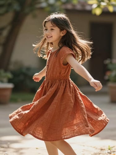 Medium shot of a young girl spinning in a terracotta linen frock, warm natural sunlight, unposed joyful motion, soft garden background