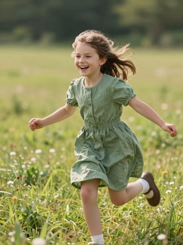 Medium shot of a girl laughing in a sage green cotton frock, running through a sun-drenched meadow, natural movement