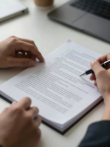 Extreme close environmental shot: a translator's hands resting on an open bilingual legal document at a clean desk, soft north-facing daylight from the left, pen resting beside annotated text, no face visible, organized and methodical atmosphere