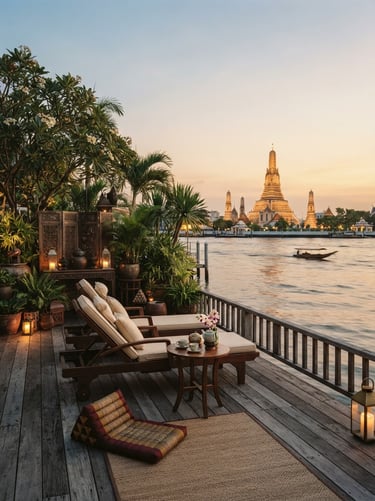 A quiet riverside terrace of an elegant boutique hotel in Bangkok, soft golden-hour light, tranquil water reflection, 35mm film aesthetic