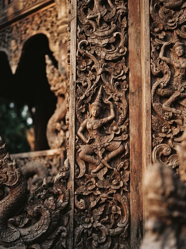 Intimate close-up of traditional Thai architectural wood carvings, warm morning sunlight, rich textures, 35mm film aesthetic