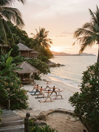 Serene beachfront wellness retreat in Koh Samui, tropical foliage framing quiet white sands, soft sunset light, 35mm film aesthetic