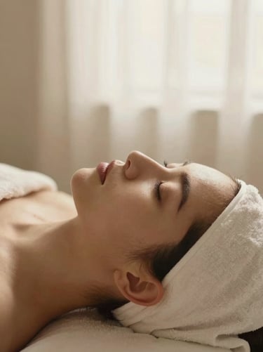 A close-up of a face treatment, soft-focus linen texture, warm diffused light, serene mood