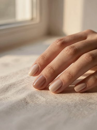Macro shot of a hand resting on textured linen, elegant minimalist nail design, soft golden-hour shadows