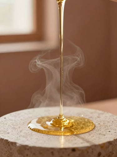 Close-up of warm oil being poured onto a stone, steam rising gently, soft focus, warm terracotta background