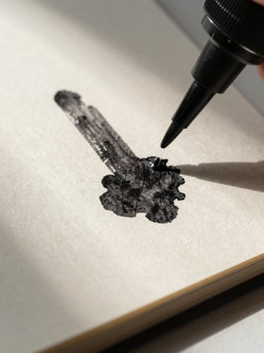 Macro shot of black ink on textured cream paper, showing fibers of the page under sharp directional light.