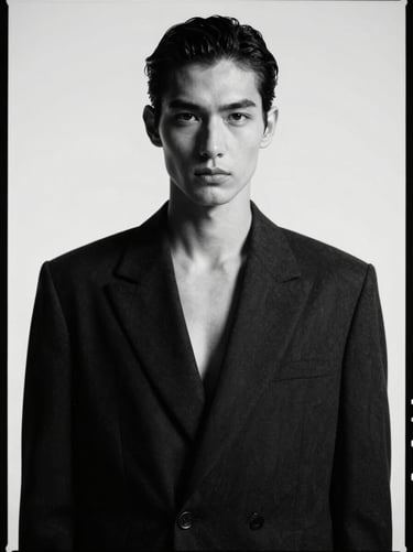 Stark monochrome portrait of an editorial model, high-contrast studio lighting, sharp focus, medium format film look