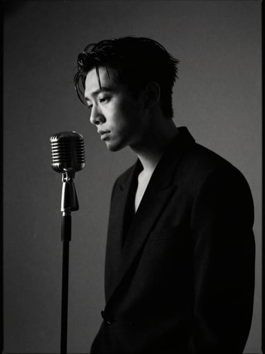 Moody low-light portrait of a vocalist with a vintage microphone, dramatic side lighting, medium format film look