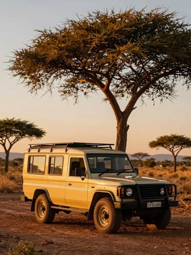 Low-angle shot of a classic safari vehicle parked near an ancient acacia tree at sunset, warm golden light, rich terracotta and deep gold tones.