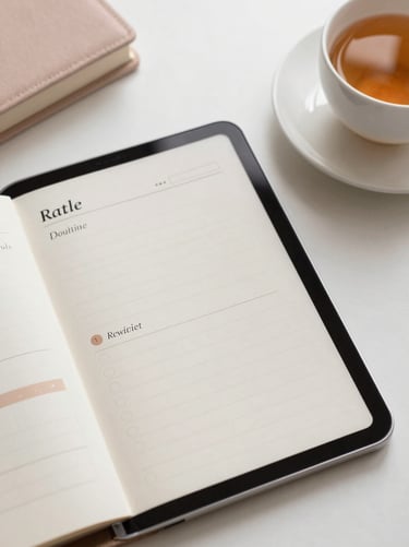 Overhead flat-lay of an iPad showing a minimalist daily routine planner with soft cream and blush accents, a warm cup of tea nearby