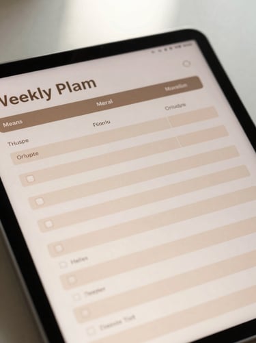 Close-up of a tablet screen displaying a weekly meal planner and grocery list template in warm taupe tones