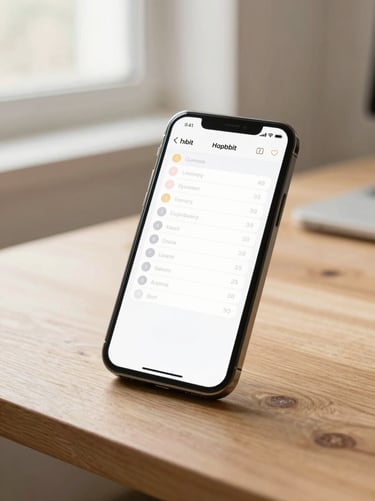 An iPhone displaying a clean habit tracker template on a wooden desk with soft morning light filtering in