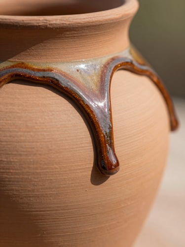 Macro close-up of a glossy terracotta glaze drip on a textured clay surface, bright natural sunlight, rich saturated colors, shallow depth of field