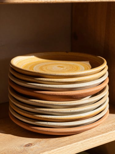 Warm editorial shot of a stack of organic-edged ceramic plates in sunny ochre and terracotta catching soft morning sunlight on a wooden shelf