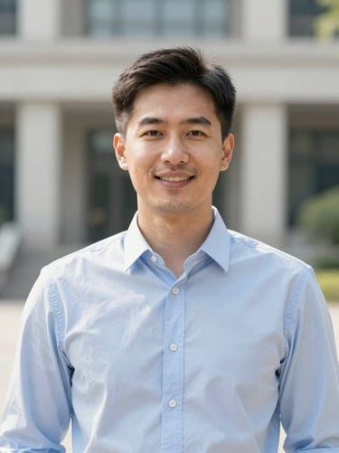 Professional headshot of a male professional in business casual, warm daylight, academic background.