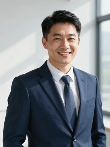 Professional headshot of a male executive in a sharp navy suit, smiling warmly, bright natural daylight, clean corporate background.